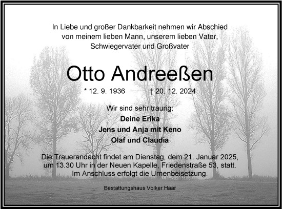 Traueranzeige von Otto Andreeßen von WZ/JW/AH