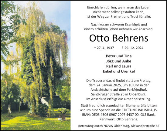 Traueranzeige von Otto Behrens von Nordwest-Zeitung