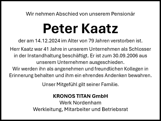 Traueranzeige von Peter Kaatz von Nordwest-Zeitung