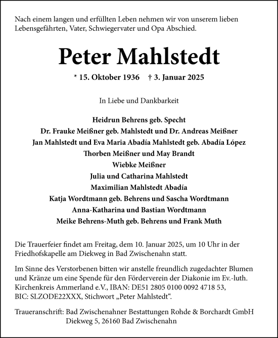 Traueranzeige von Peter Mahlstedt von Nordwest-Zeitung