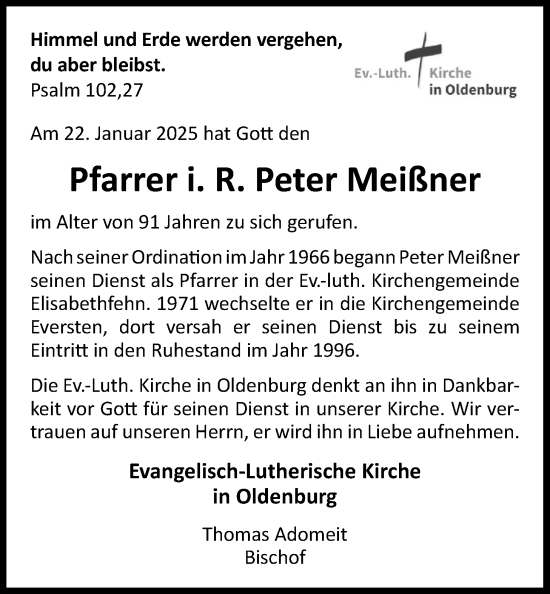 Traueranzeige von Peter Meißner von Nordwest-Zeitung
