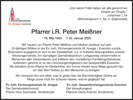 Traueranzeige von Peter Meißner von Nordwest-Zeitung