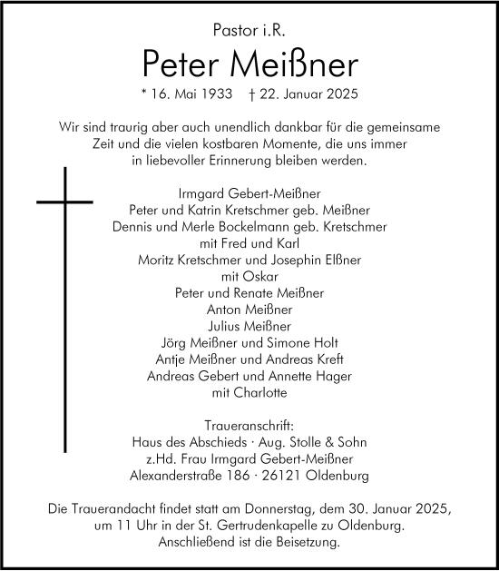 Traueranzeige von Peter Meißner von Nordwest-Zeitung
