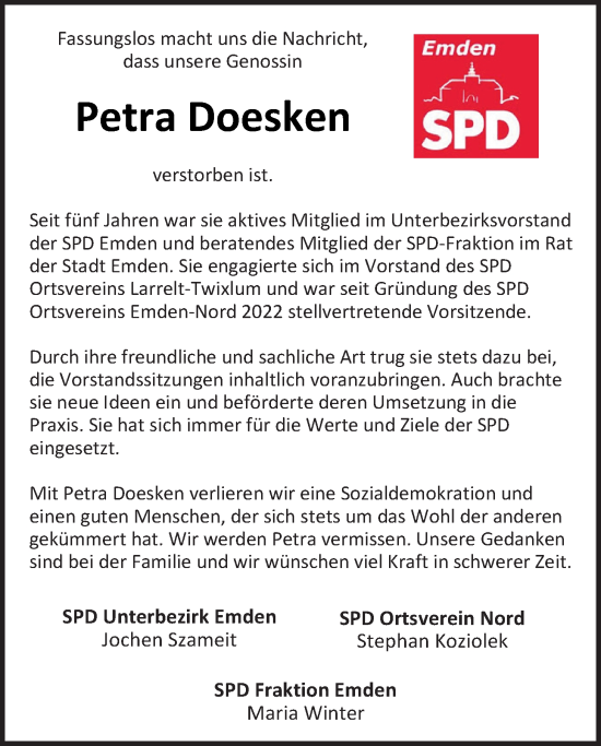 Traueranzeige von Petra Doesken von Emder Zeitung