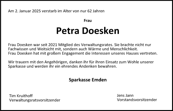 Traueranzeige von Petra Doesken von Emder Zeitung