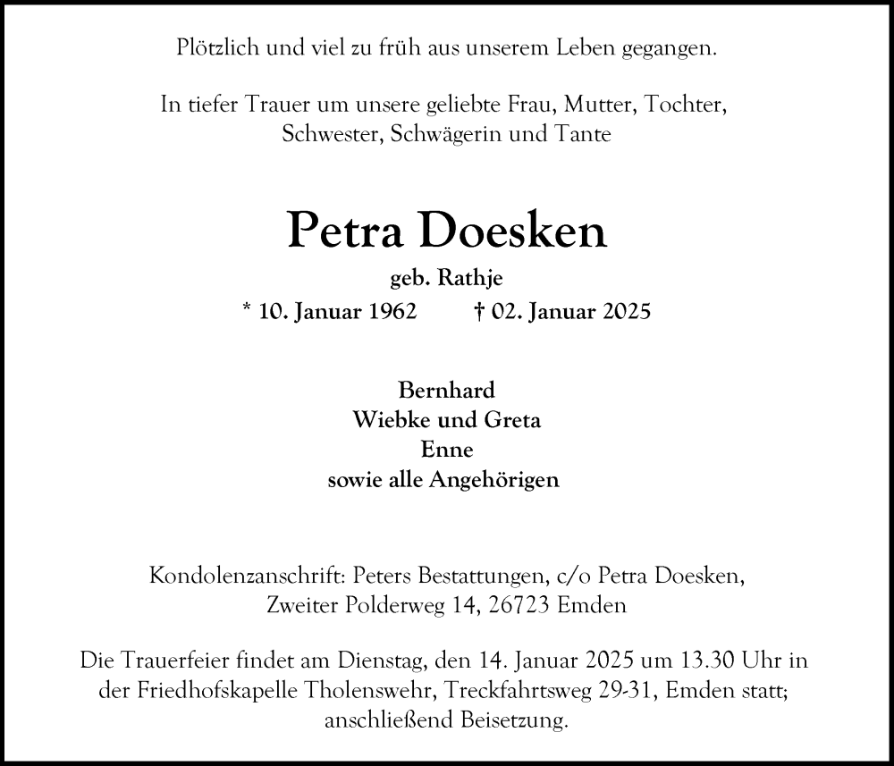  Traueranzeige für Petra Doesken vom 07.01.2025 aus Emder Zeitung