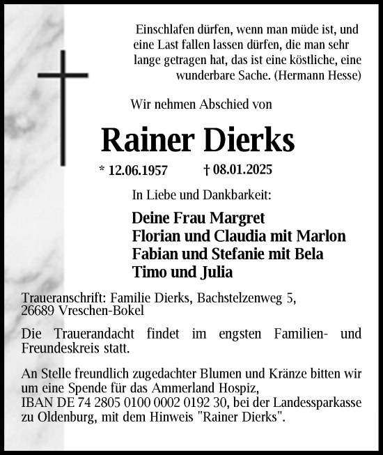 Traueranzeige von Rainer Dierks von Nordwest-Zeitung