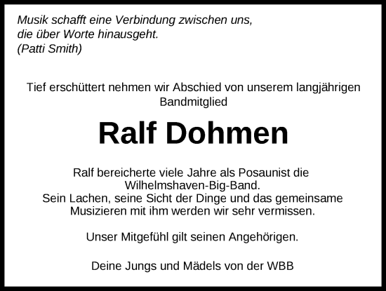 Traueranzeige von Ralf Dohmen von WZ/JW/AH