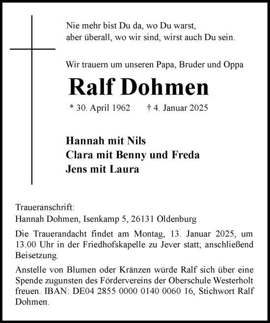 Traueranzeige von Ralf Dohmen von WZ/JW/AH