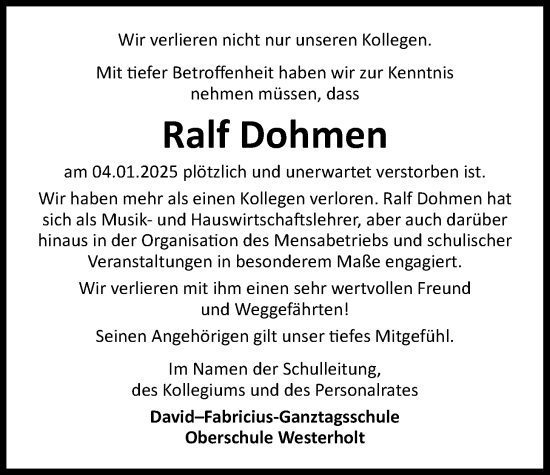 Traueranzeige von Ralf Dohmen von WZ/JW/AH