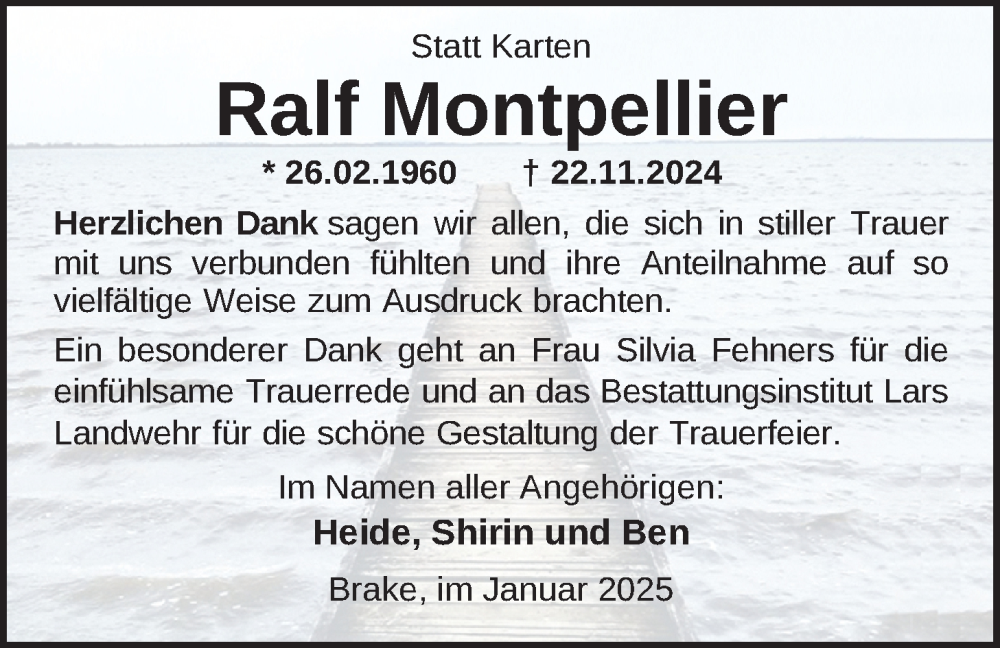  Traueranzeige für Ralf Montpellier vom 18.01.2025 aus Nordwest-Zeitung