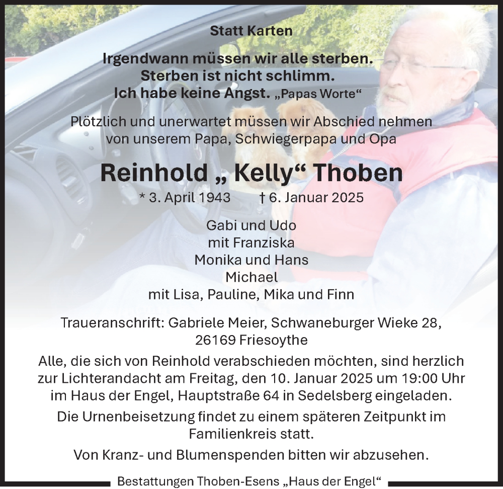  Traueranzeige für Reinhold Thoben vom 08.01.2025 aus Nordwest-Zeitung