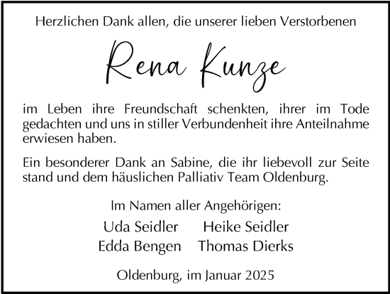 Traueranzeige von Rena Kunze von Nordwest-Zeitung