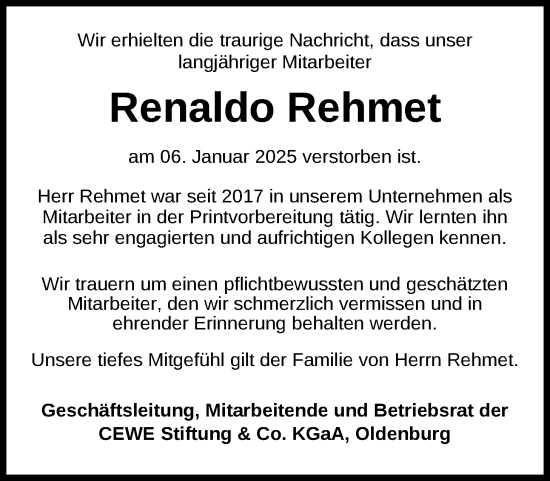 Traueranzeige von Renaldo Rehmet von Nordwest-Zeitung