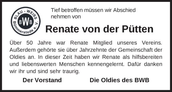 Traueranzeige von Renate von der Pütten von Nordwest-Zeitung