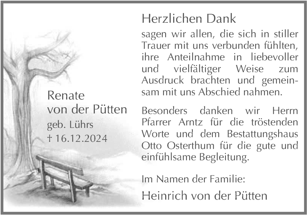  Traueranzeige für Renate von der Pütten vom 25.01.2025 aus Nordwest-Zeitung