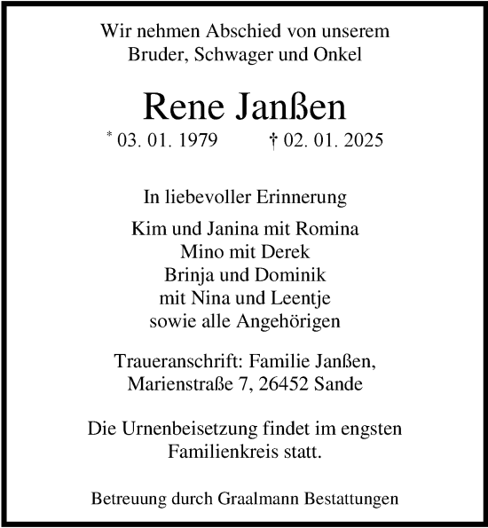 Traueranzeige von Rene Janßen von WZ/JW/AH