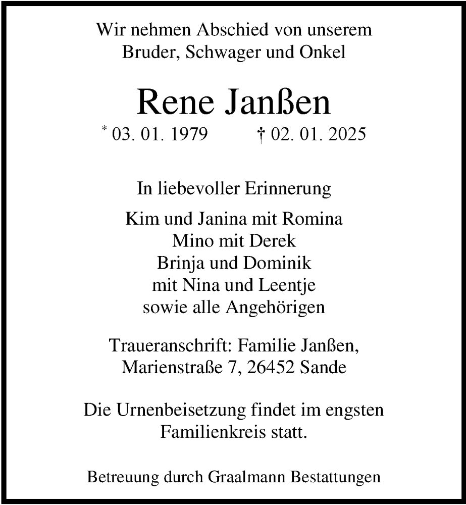  Traueranzeige für Rene Janßen vom 11.01.2025 aus WZ/JW/AH