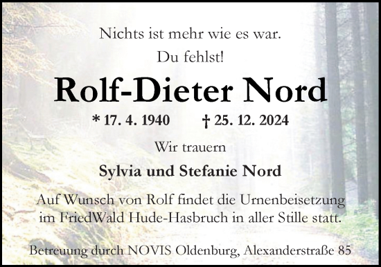 Traueranzeige von Rolf-Dieter Nord von Nordwest-Zeitung