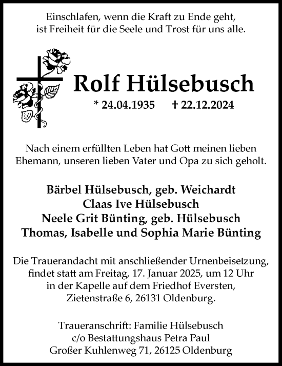 Traueranzeige von Rolf Hülsebusch von Nordwest-Zeitung