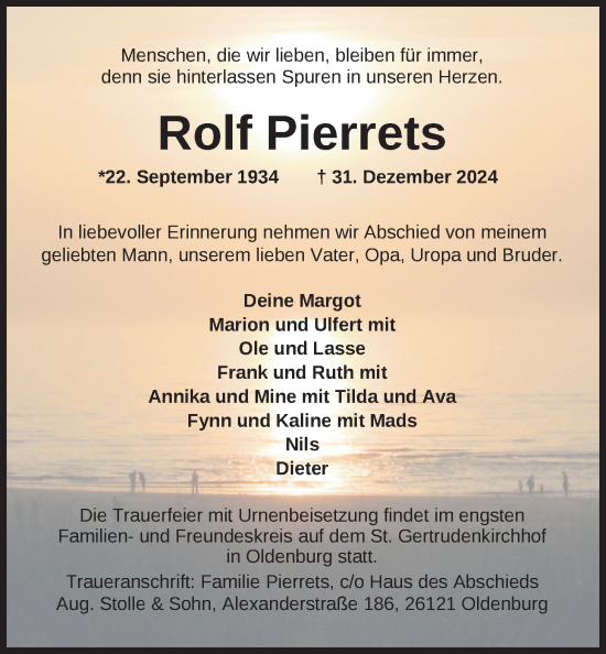 Traueranzeige von Rolf Pierrets von Nordwest-Zeitung