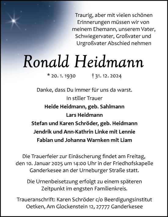 Traueranzeige von Ronald Heidmann von Nordwest-Zeitung