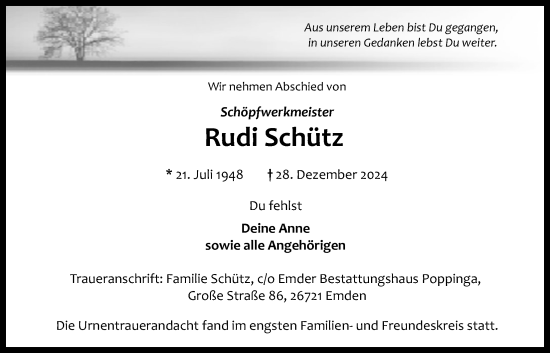 Traueranzeige von Rudolf Schütz von Emder Zeitung