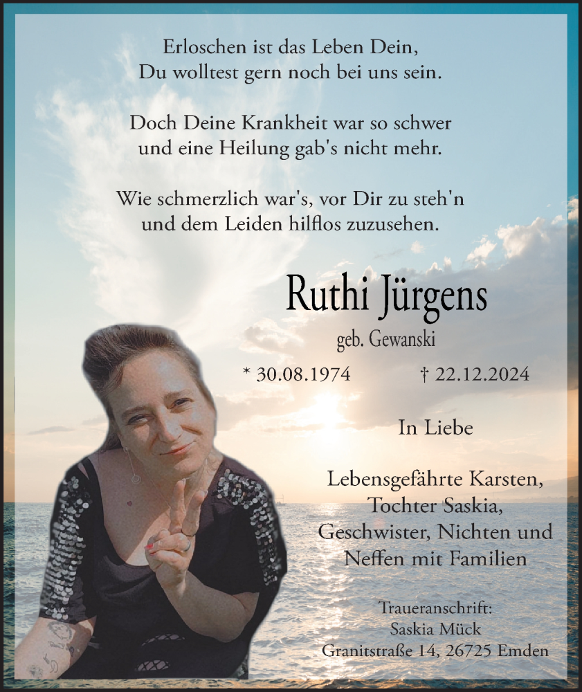  Traueranzeige für Ruth-Hilde Elisabeth Jürgens vom 11.01.2025 aus Emder Zeitung