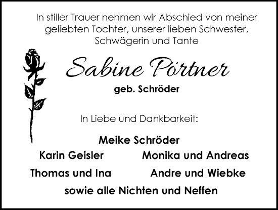 Traueranzeige von Sabine Pörtner von Nordwest-Zeitung