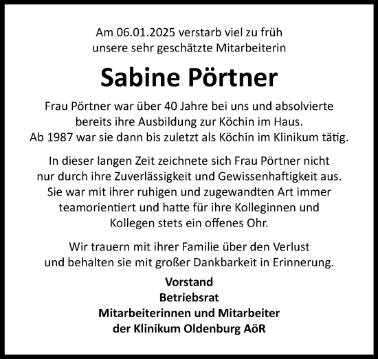 Traueranzeige von Sabine Pörtner von Nordwest-Zeitung