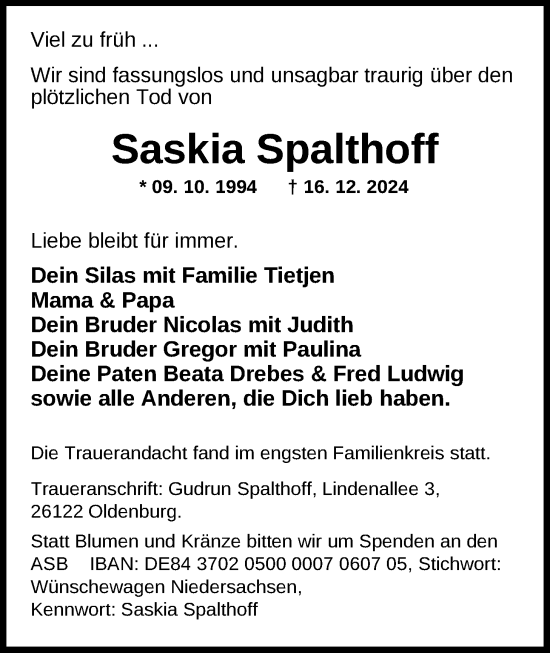 Traueranzeige von Saskia Spalthoff von Nordwest-Zeitung