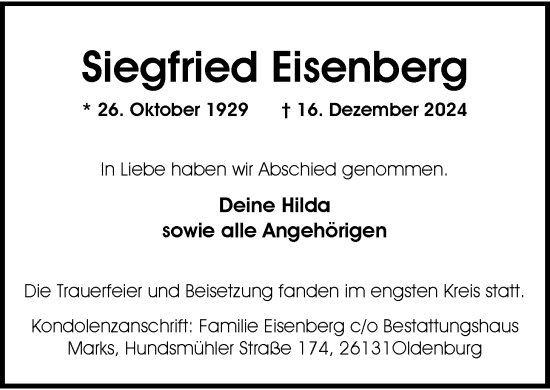 Traueranzeige von Siegfried Eisenberg von Nordwest-Zeitung