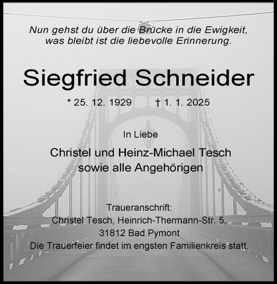 Traueranzeige von Siegfried Schneider von WZ/JW/AH