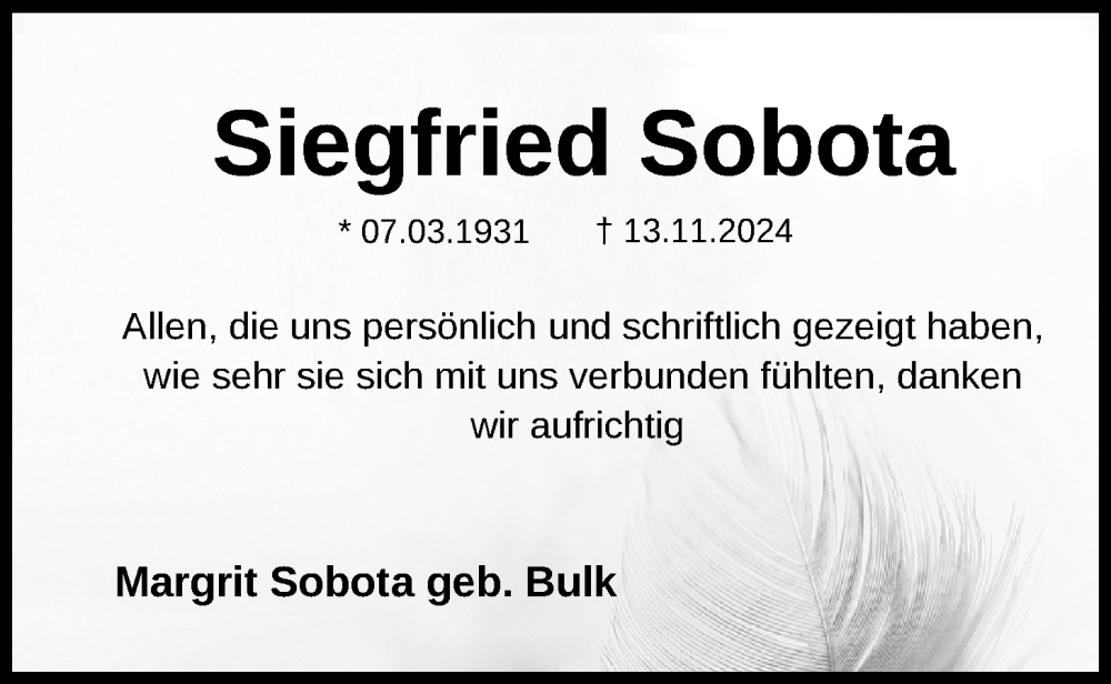  Traueranzeige für Siegfried Sobota vom 10.01.2025 aus Nordwest-Zeitung