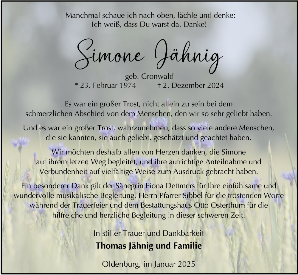  Traueranzeige für Simone Jähnig vom 10.01.2025 aus Nordwest-Zeitung