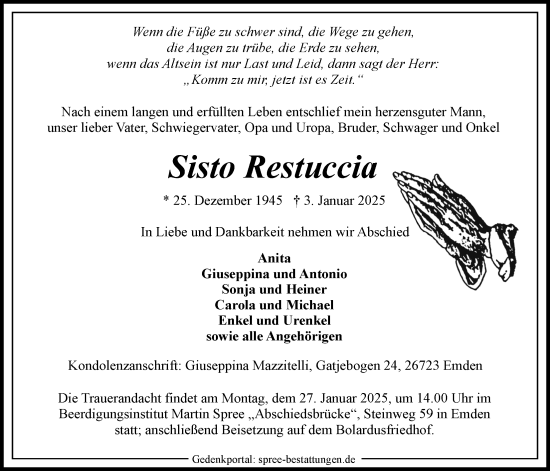 Traueranzeige von Sisto Restuccia von Emder Zeitung