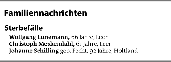Traueranzeige von Sterbetafel vom 04.01.2025 von Emder Zeitung