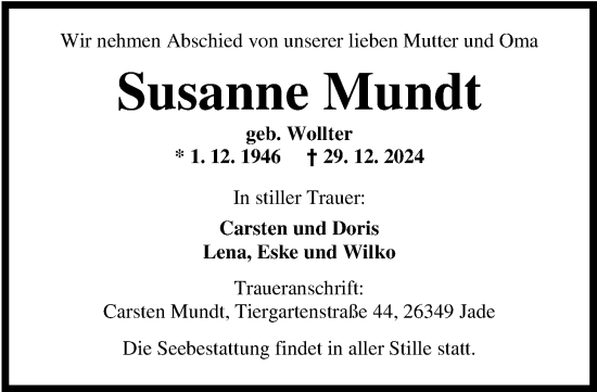 Traueranzeige von Susanne Mundt von Nordwest-Zeitung