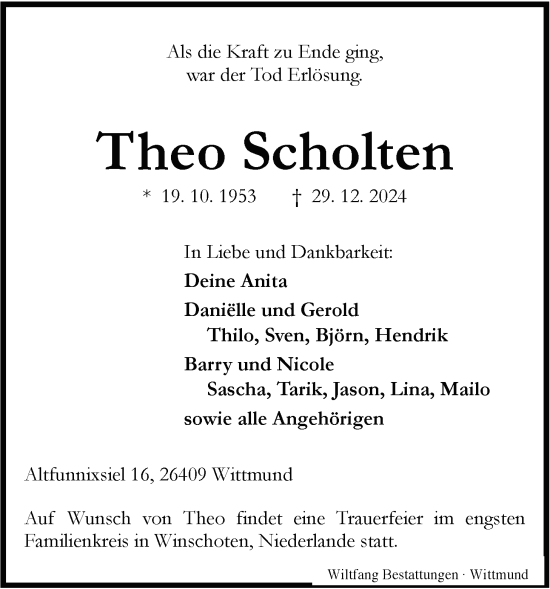 Traueranzeige von Theo Scholten von WZ/JW/AH