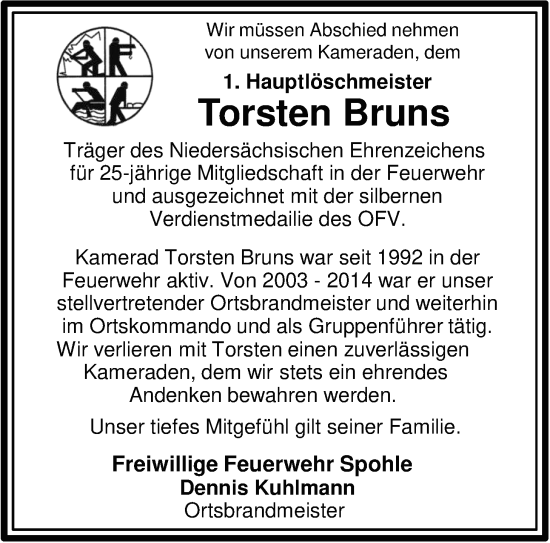 Traueranzeige von Torsten Bruns von Nordwest-Zeitung