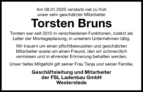 Traueranzeige von Torsten Bruns von Nordwest-Zeitung