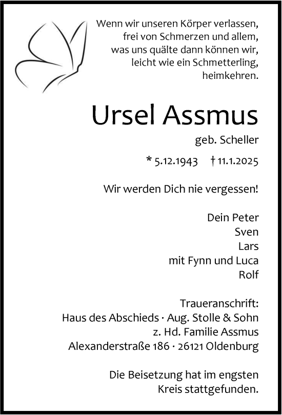Traueranzeige von Ursel Assmus von Nordwest-Zeitung