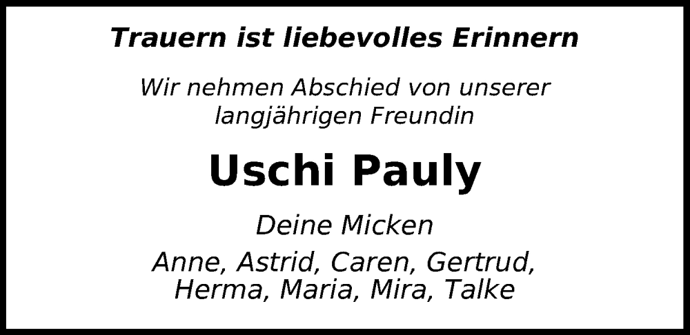  Traueranzeige für Ursel Pauly vom 04.01.2025 aus Nordwest-Zeitung