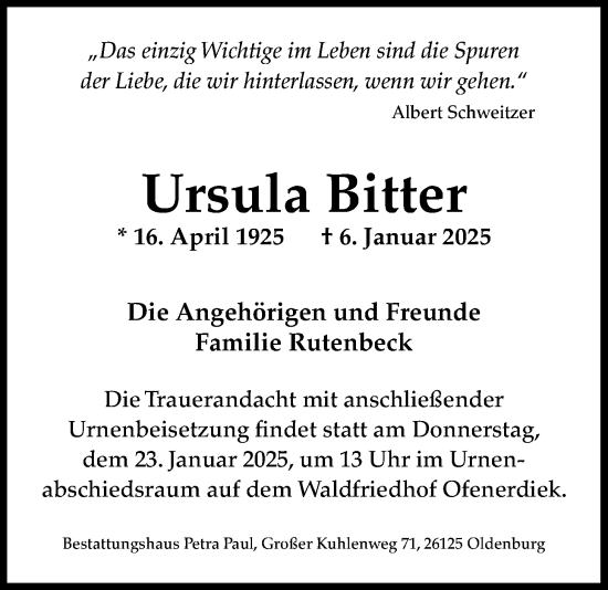 Traueranzeige von Ursula Bitter von Nordwest-Zeitung