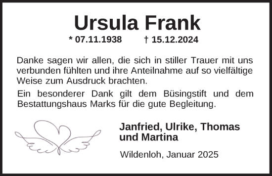 Traueranzeige von Ursula Frank von Nordwest-Zeitung