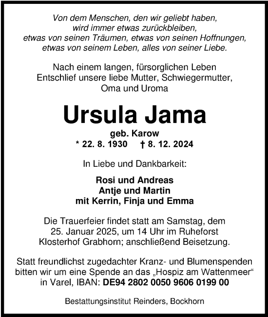 Traueranzeige von Ursula Jama von Nordwest-Zeitung