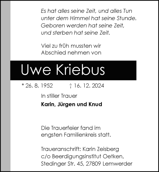 Traueranzeige von Uwe Kriebus von Nordwest-Zeitung