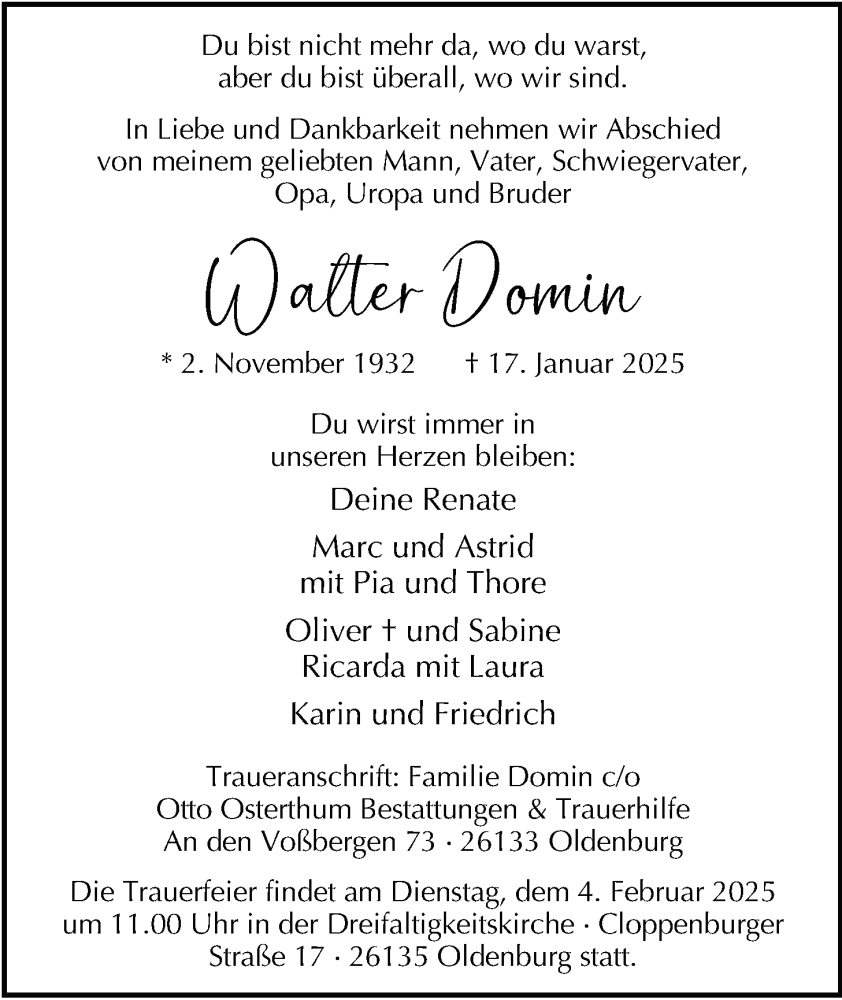  Traueranzeige für Walter Domin vom 25.01.2025 aus Nordwest-Zeitung