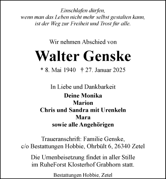 Traueranzeige von Walter Genske von Nordwest-Zeitung