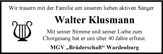 Traueranzeige von Walter Klusmann von Nordwest-Zeitung